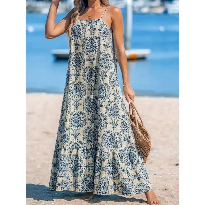 Kadın Ip Askılı Desenli Fırfırlı Süprem Elbise