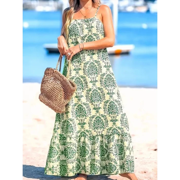 Kadın Ip Askılı Desenli Fırfırlı Süprem Elbise