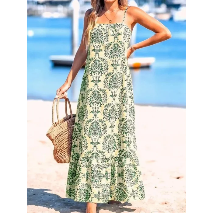 Kadın Ip Askılı Desenli Fırfırlı Süprem Elbise