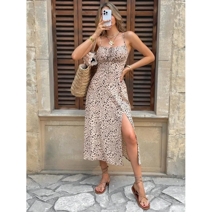 Kadın Ip Askılı Desenli Yırtmaçlı Süprem Midi Elbise