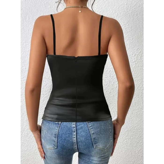 Kadın Ip Askılı Geniş V Yakalı Deri Bluz