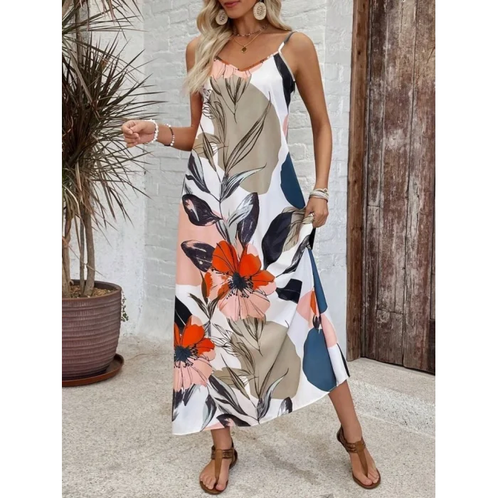 Kadın Ip Askılı Geniş V Yakalı Desenli Süprem Elbise