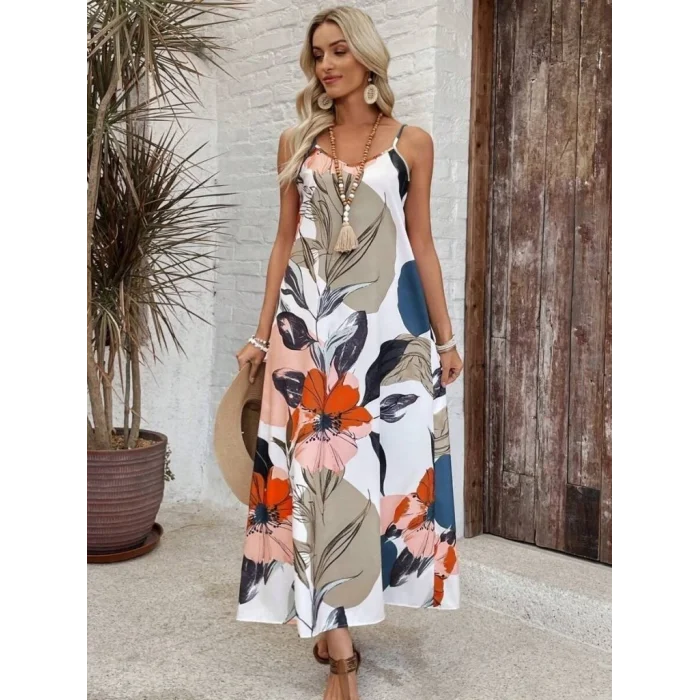 Kadın Ip Askılı Geniş V Yakalı Desenli Süprem Elbise