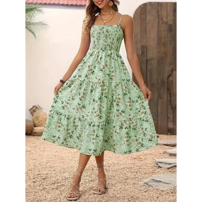 Kadın Ip Askılı Geniş V Yakalı Desenli Uzun Süprem Elbise