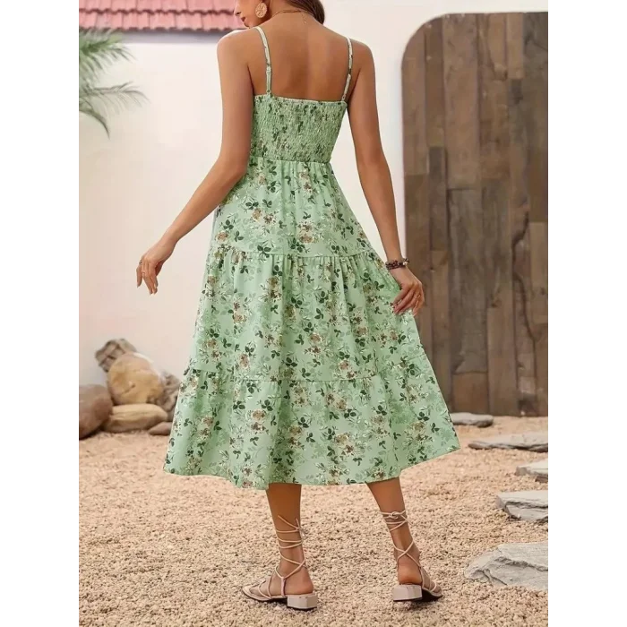 Kadın Ip Askılı Geniş V Yakalı Desenli Uzun Süprem Elbise