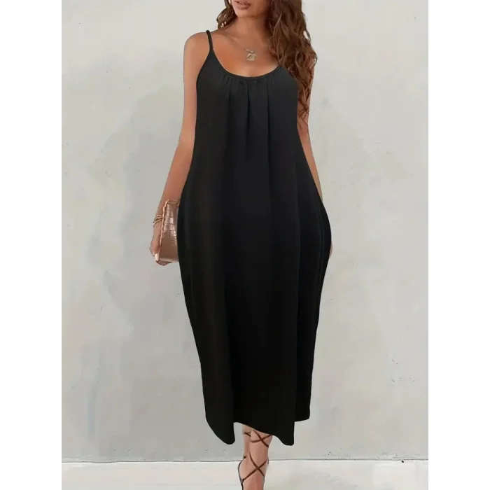 Kadın Ip Askılı Geniş V Yakalı Viskon Elbise