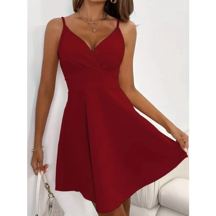 Kadın Ip Askılı Kruvaze Yakalı Kısa ıthal Krep Elbise