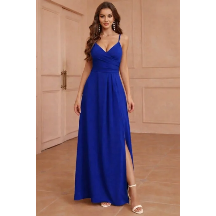 Kadın Ip Askılı Kruvaze Yakalı Yırtmaçlı Uzun Ithal Krep Elbise