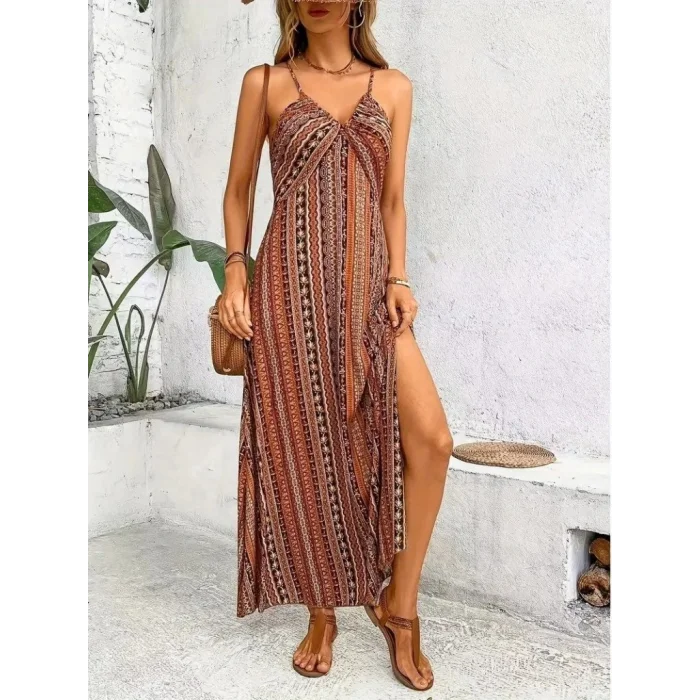 Kadın Ip Askılı Sırttan çapraz Detaylı Yırtmaçlı Desenli Süprem Elbise