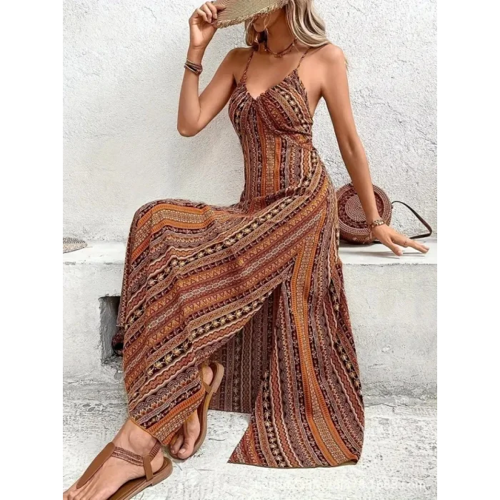 Kadın Ip Askılı Sırttan çapraz Detaylı Yırtmaçlı Desenli Süprem Elbise