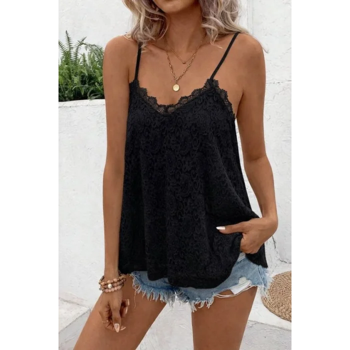 Kadın Ip Askılı V Dantel Yakalı Dantel Bluz