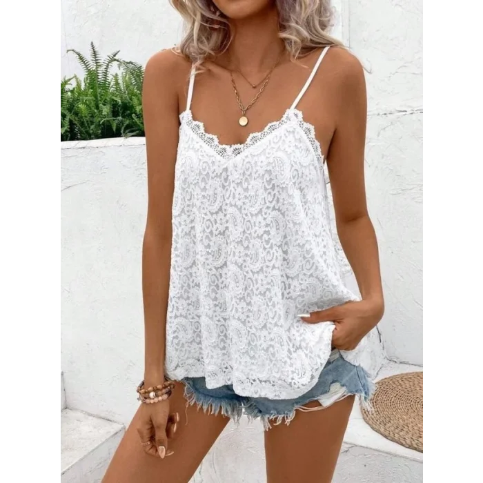 Kadın Ip Askılı V Dantel Yakalı Dantel Bluz