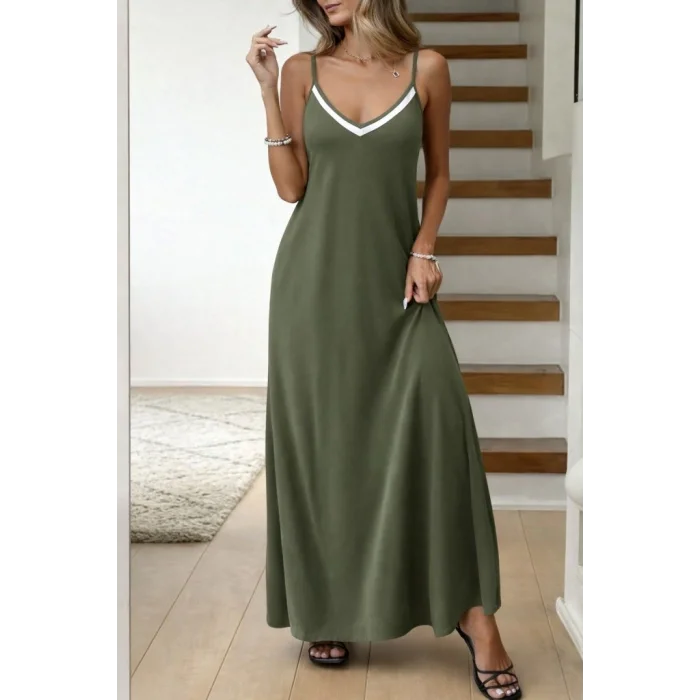 Kadın Ip Askılı V şerit Yakalı Uzun Viskon Elbise