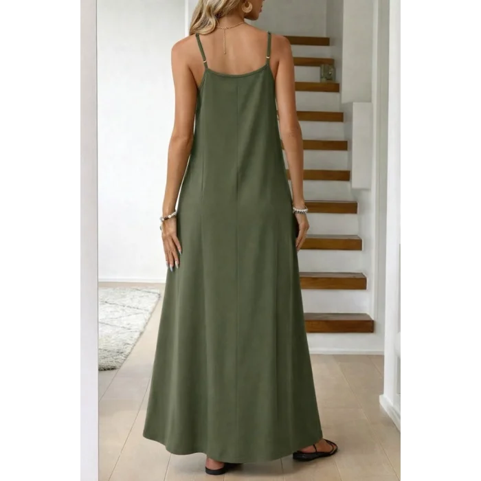 Kadın Ip Askılı V şerit Yakalı Uzun Viskon Elbise