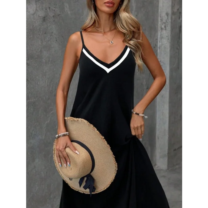 Kadın Ip Askılı V şerit Yakalı Uzun Viskon Elbise