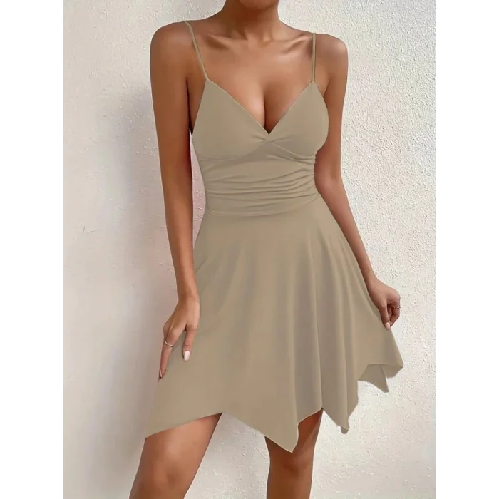 Kadın Ip Askılı V Yakalı Asimetrik Kesim Detaylı Janjan Krep Elbise