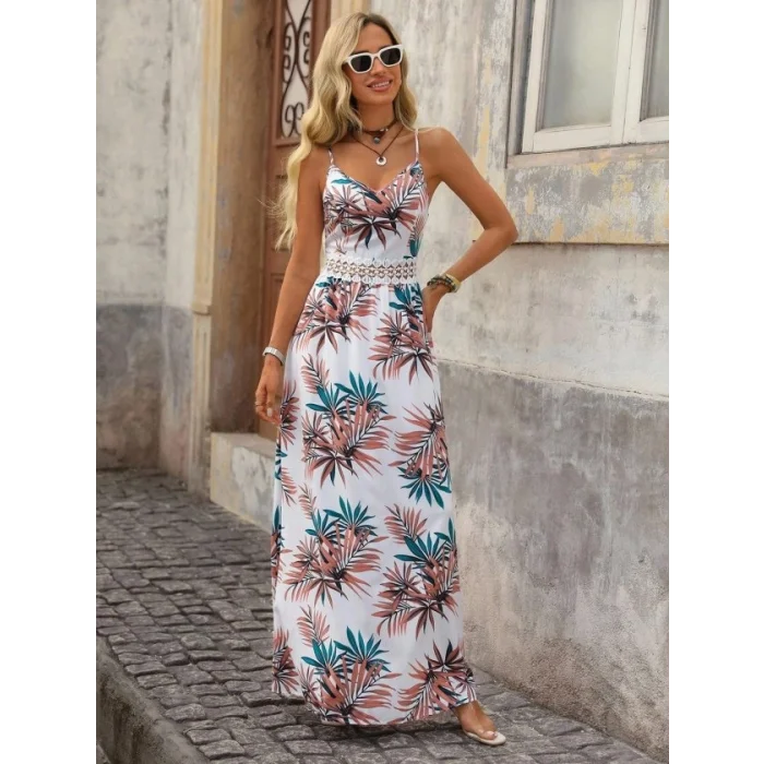 Kadın Ip Askılı V Yakalı Beli Dantelli Uzun Süprem Elbise