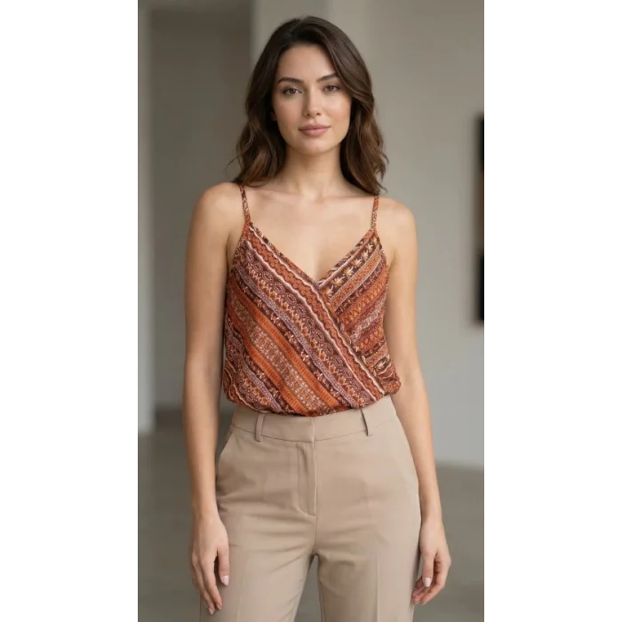 Kadın Ip Askılı V Yakalı Desenli Süprem Bluz