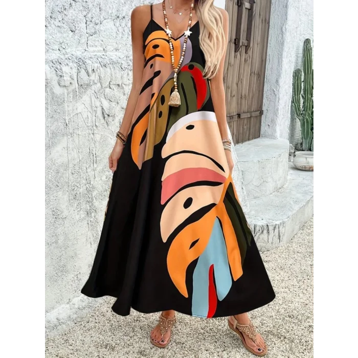 Kadın Ip Askılı V Yakalı Desenli Süprem Maxi Elbise