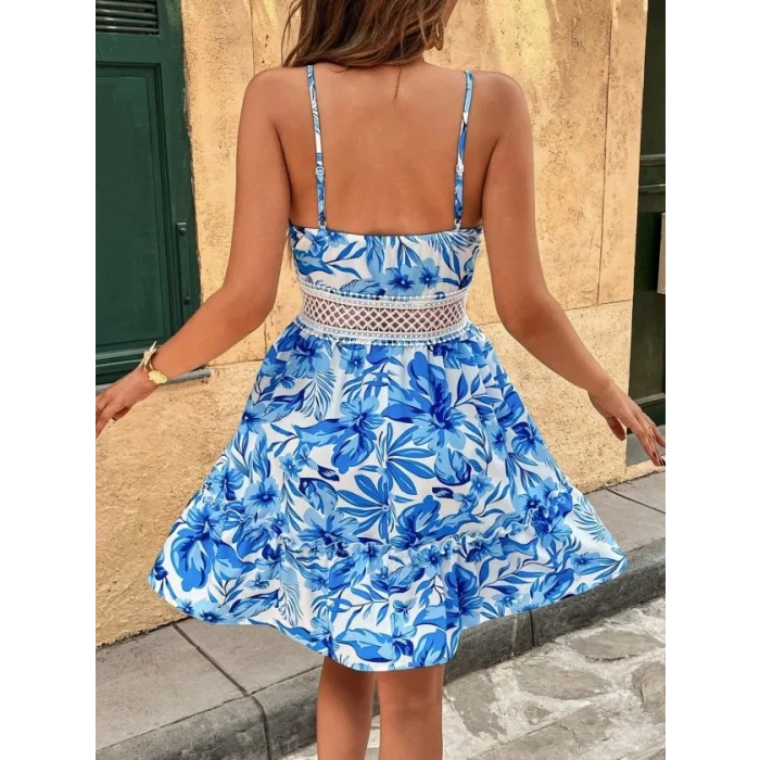 Kadın Ip Askılı V Yakalı Kısa Desenli Süprem Elbise