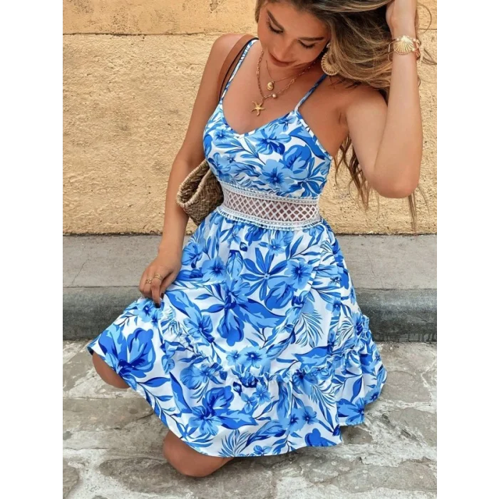 Kadın Ip Askılı V Yakalı Kısa Desenli Süprem Elbise