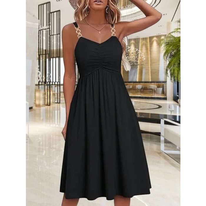 Kadın Ip Askılı V Yakalı Kısa Viskon Elbise