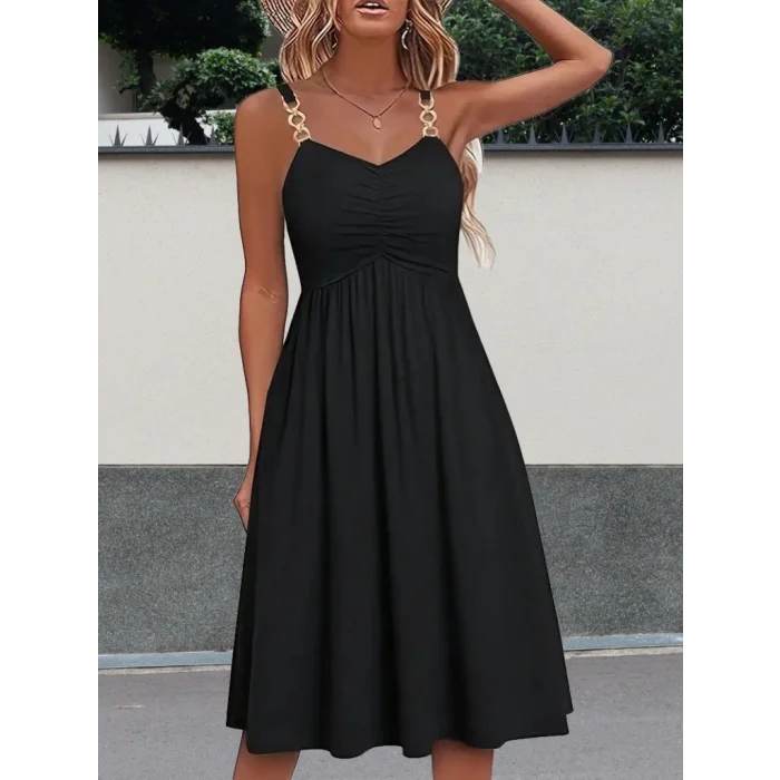 Kadın Ip Askılı V Yakalı Kısa Viskon Elbise