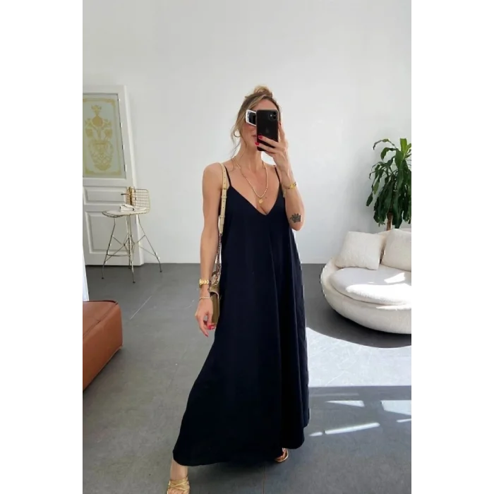 Kadın Ip Askılı V Yakalı Uzun Aerobin Elbise