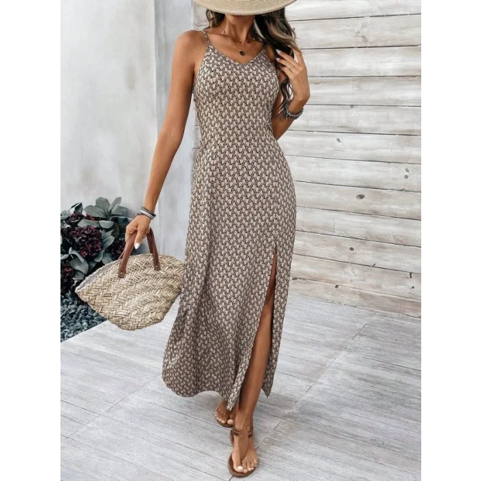 Kadın Ip Askılı V Yakalı Yırtmaçlı Uzun Süprem Elbise