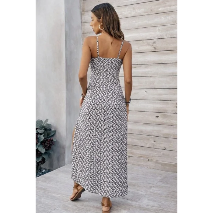 Kadın Ip Askılı V Yakalı Yırtmaçlı Uzun Süprem Elbise