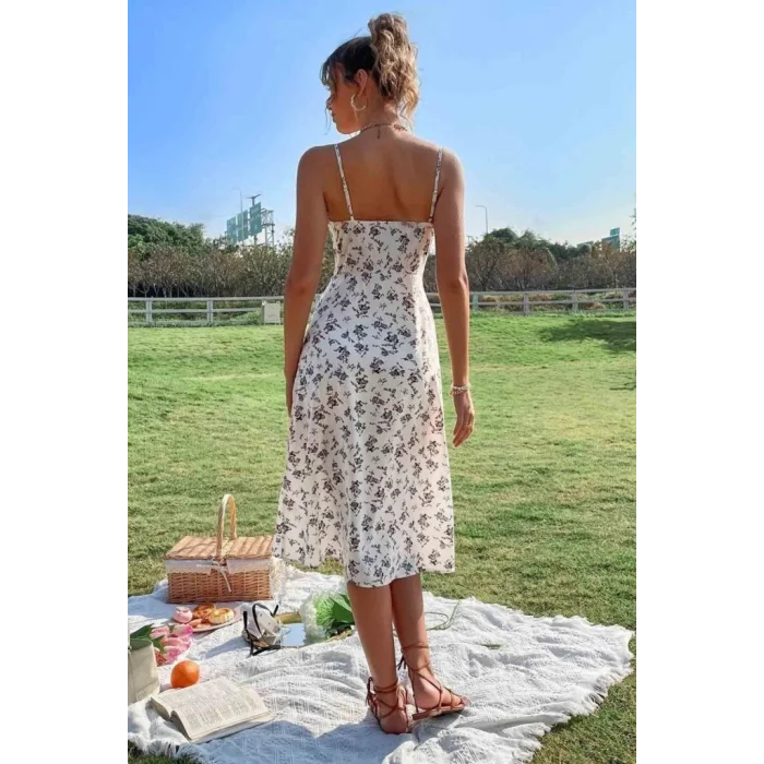 Kadın Ip Askılı Yakadan Bağcıklı Desenli Süprem Elbise