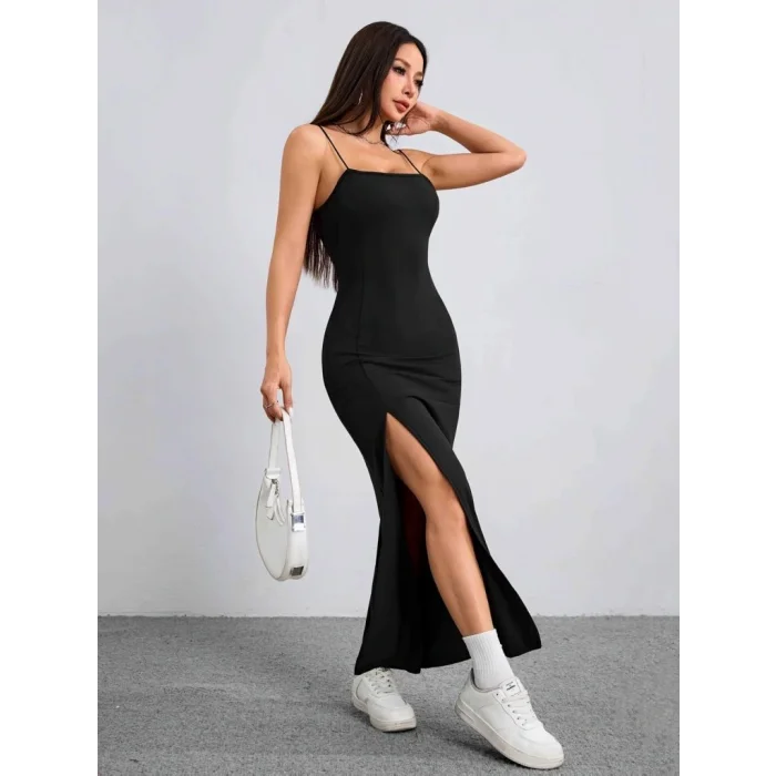 Kadın Ip Askılı Yandan Yırtmaçlı Janjan Krep Elbise