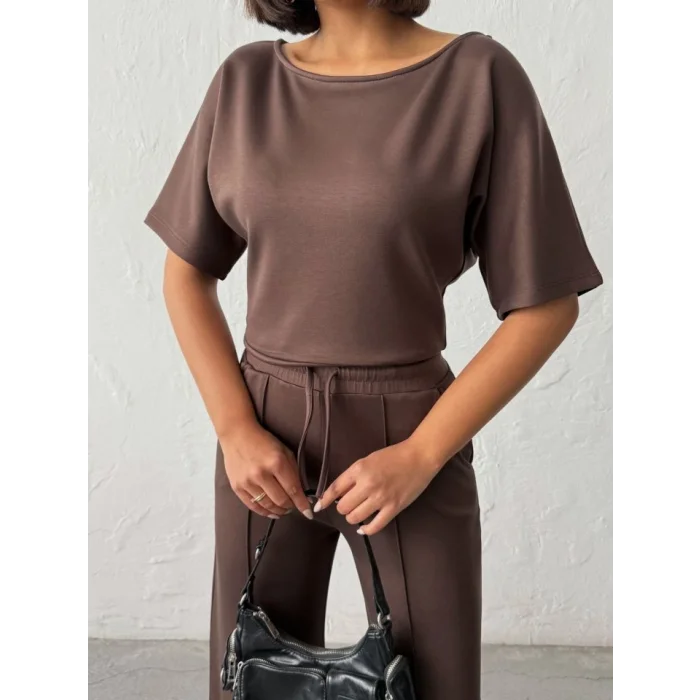 Kadın İsa Kollu Kayık Yaka Bluz Ve Pantolon Misal Kumaş Ikili Takım