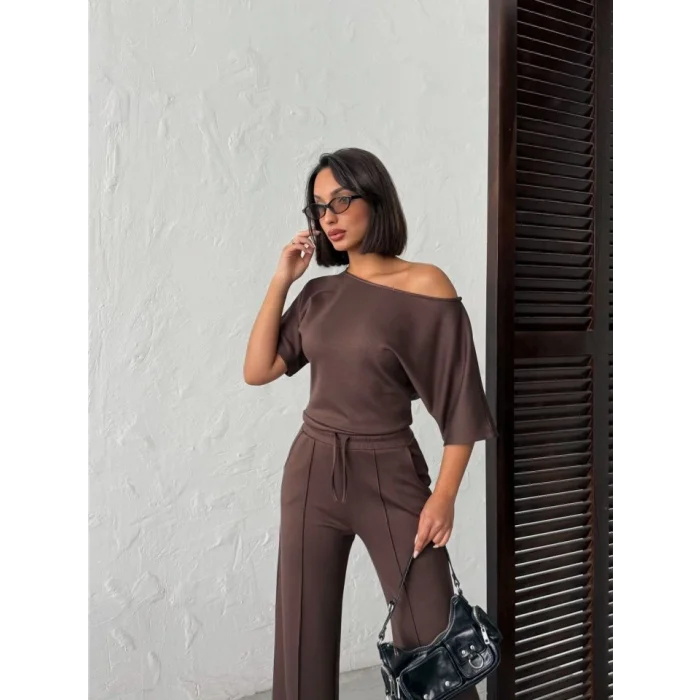 Kadın İsa Kollu Kayık Yaka Bluz Ve Pantolon Misal Kumaş Ikili Takım