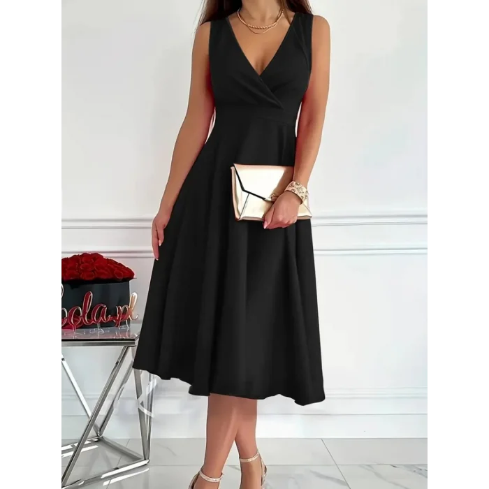 Kadın Ithal Krep Kumaş Kruvaze Yaka Eteği Kloş Kolsuz Mini Elbise