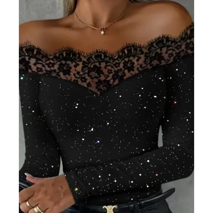 Kadın Kadife Simli Kumaş Dantel Detaylı Bluz