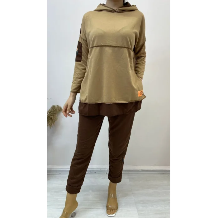 Kadın Kahve Kapşonlu Etek Ucu Detay Arma Ters Dikiş Gorunumlu Ikili Takım