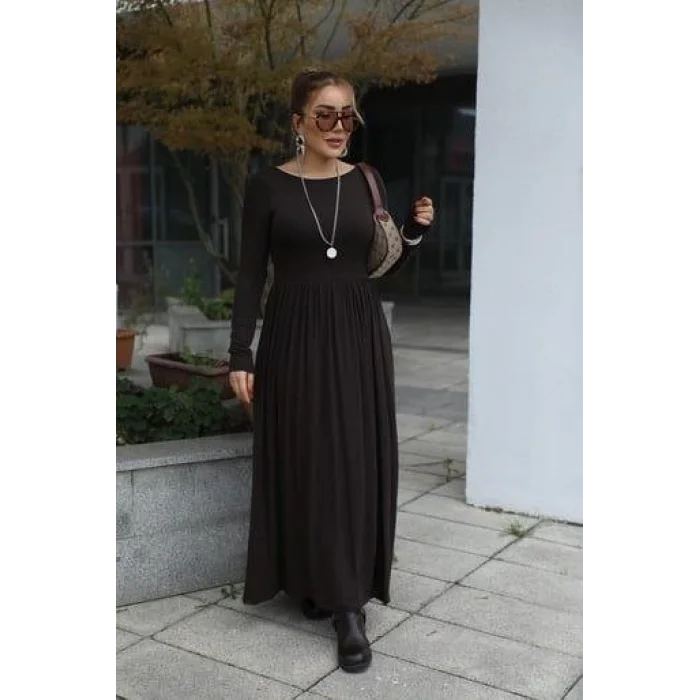 Kadın Kayık Yaka Sırt Dekoltesi Ve Yırtmaç Detay Maxi Boy Elbise