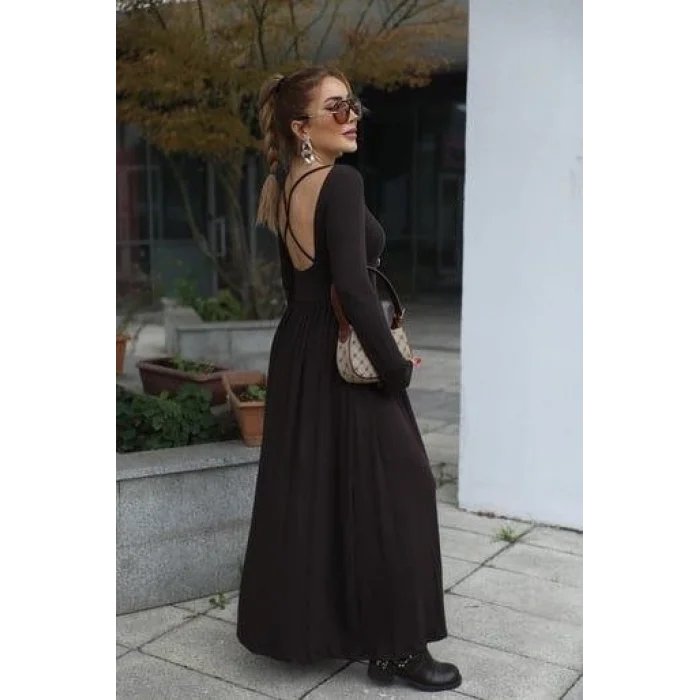Kadın Kayık Yaka Sırt Dekoltesi Ve Yırtmaç Detay Maxi Boy Elbise
