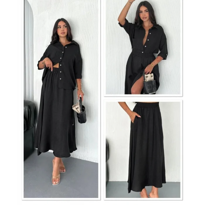 Kadın Keten Kumaş Gömlek Ve Etek Ikili Takim