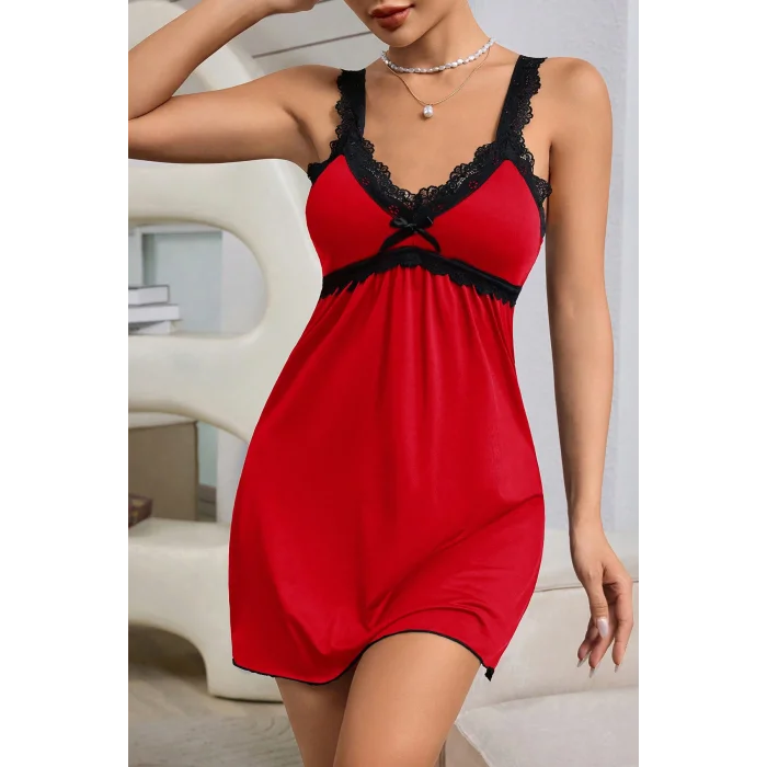 Kadın Kırmızı Dantel Asıkılı Fiyonk Detaylı Gecelik Takımı – Modern, Konforlu ve Günlük Kombinlere Uygun