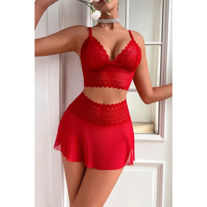 Kadın Kırmızı Dantel ve Tül Detaylı Etekli Şık Gecelik Takımı – Modern, Konforlu
