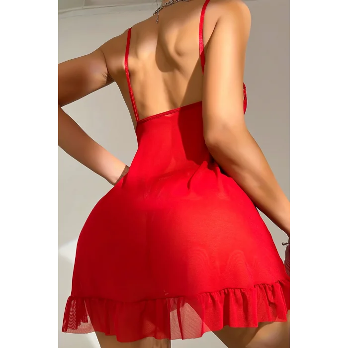 Kadın Kırmızı Dantelli, Fırfırlı Tül ve Fiyonk Detaylı Tangalı Gecelik Takımı – Modern, Konforlu