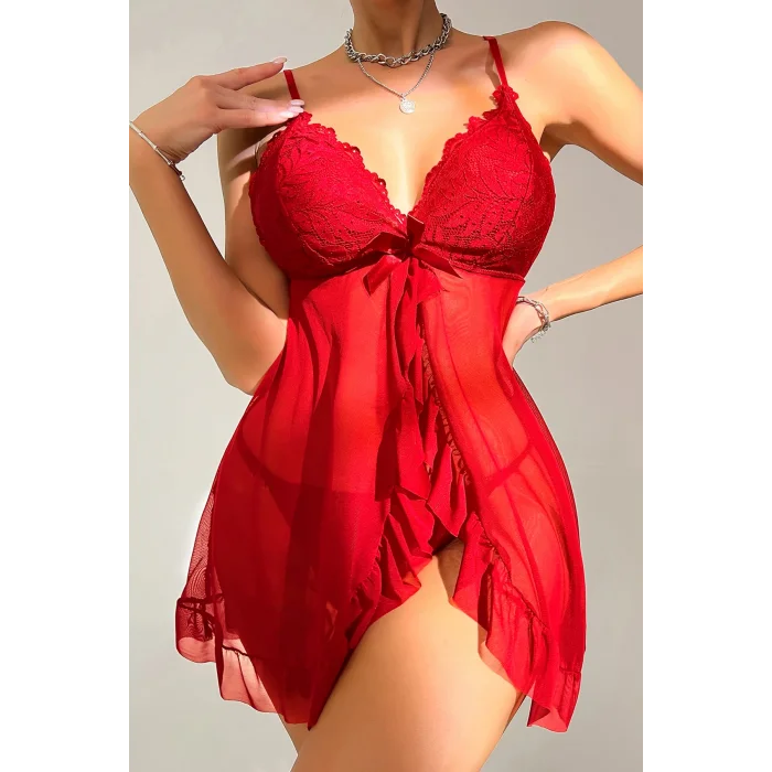 Kadın Kırmızı Dantelli, Fırfırlı Tül ve Fiyonk Detaylı Tangalı Gecelik Takımı – Modern, Konforlu
