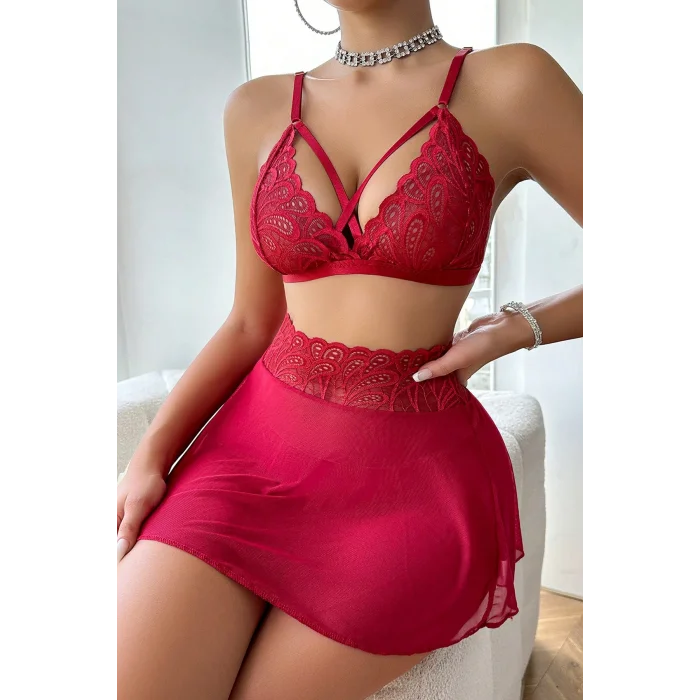 Kadın Kırmızı Göğsü ve Beli Dantel Detaylı Etekli Takım – Modern, Konforlu