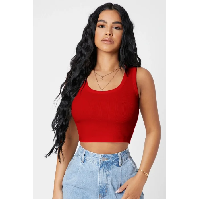 Kadın Kırmızı Kare Yaka Crop Top Bluz – Şık, Rahat ve Kolay Kombinlenebilir