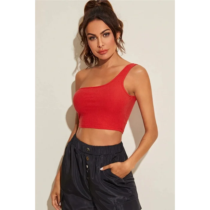 Kadın Kırmızı Tek Omuz Crop Büstiyer – Modern ve Şık Tasarım