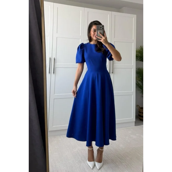 Kadın Kısa Balon Kollu Bisiklet Yaka Geniş Kesim Janjan Krep Elbise