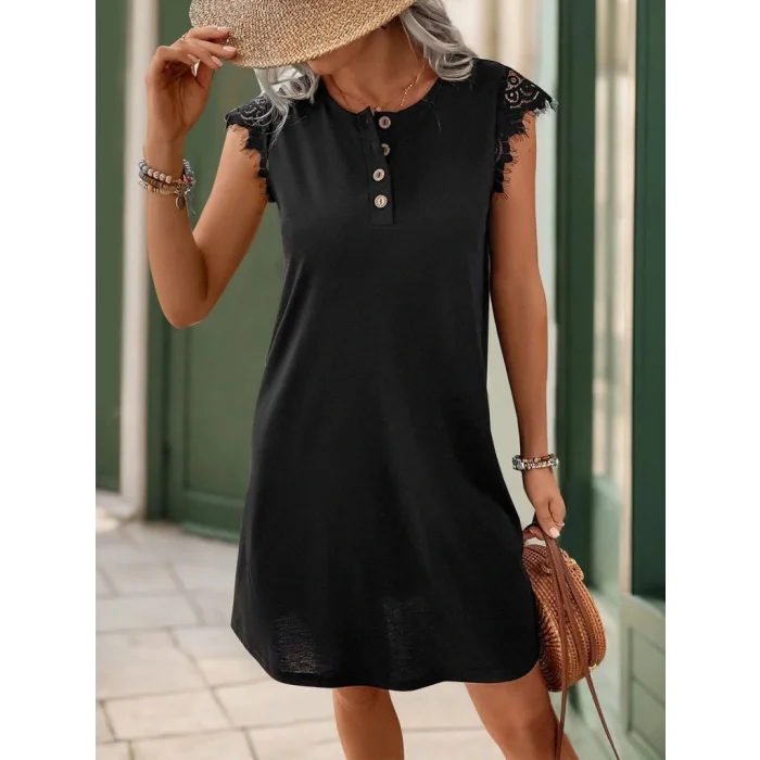 Kadın Kısa Dantel Kollu önden Düğmeli Viskon Elbise