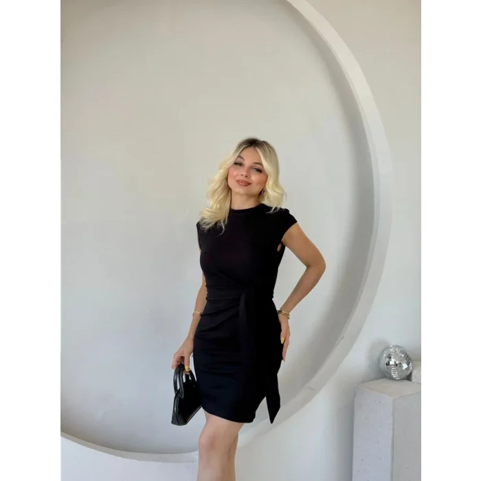 Kadın Kısa Kap Kollu Bisiklet Yaka Belden Bağlamalı Modal Mini Elbise